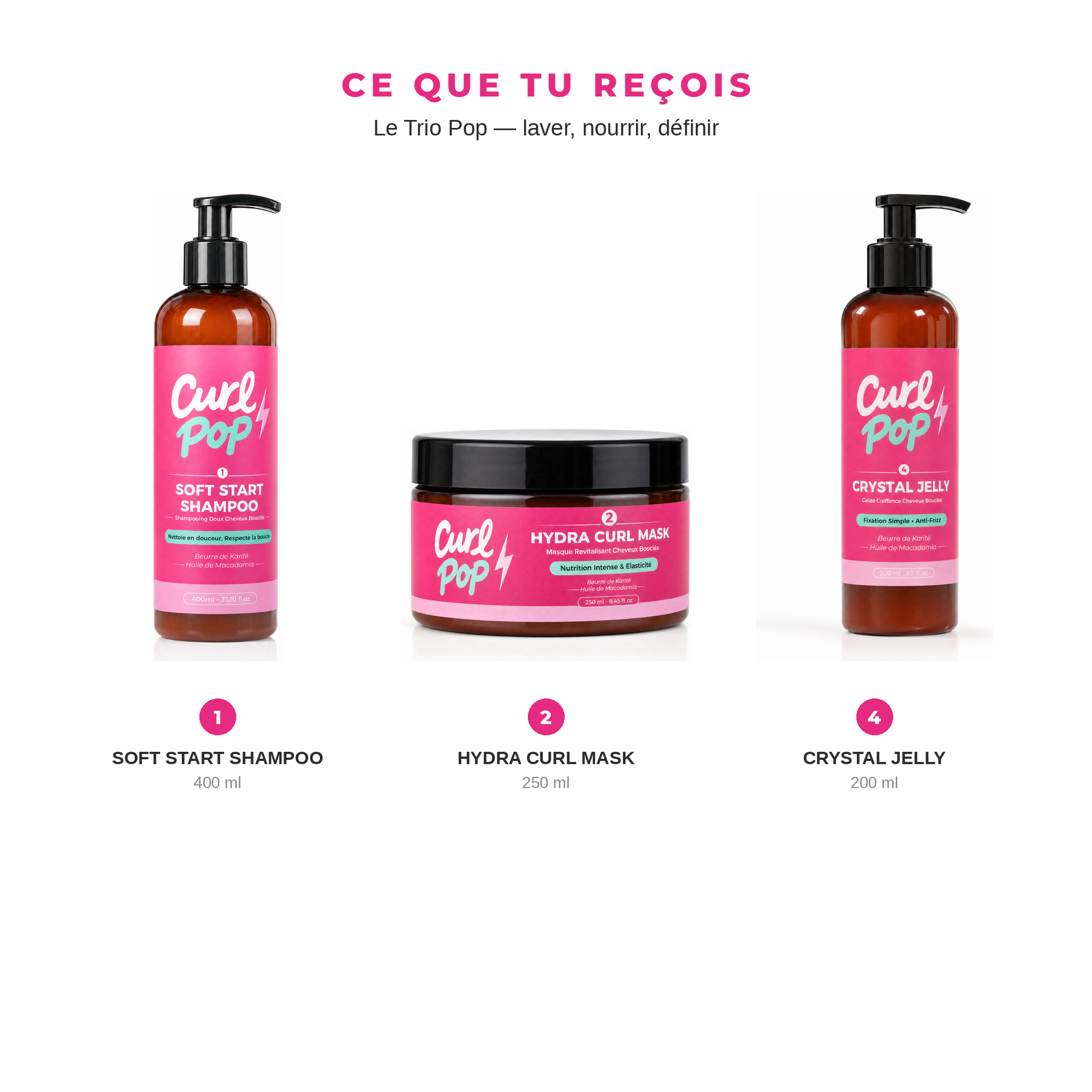 Ce que tu reçois dans Le Trio Pop Curl Pop : shampooing 400 ml, masque 250 ml et gelée 200 ml
