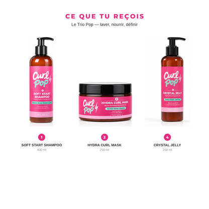 Ce que tu reçois dans Le Trio Pop Curl Pop : shampooing 400 ml, masque 250 ml et gelée 200 ml