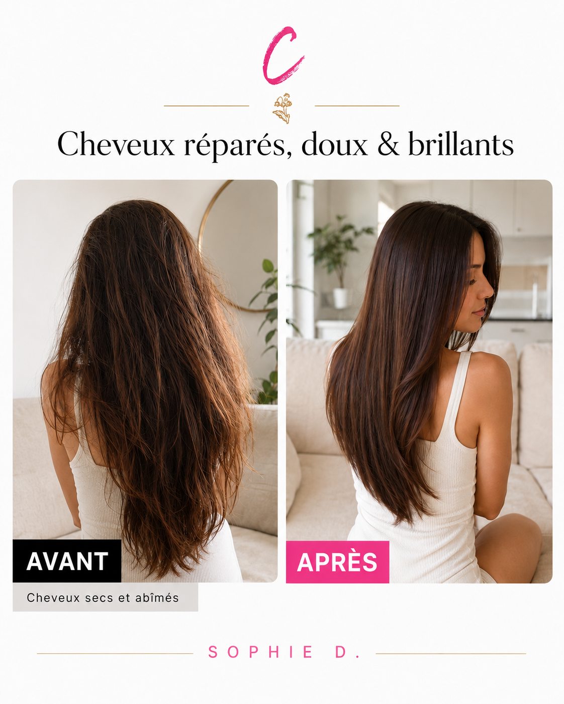 Routine Signature — résultat avant/après cheveux réparés · C-Line Beauty