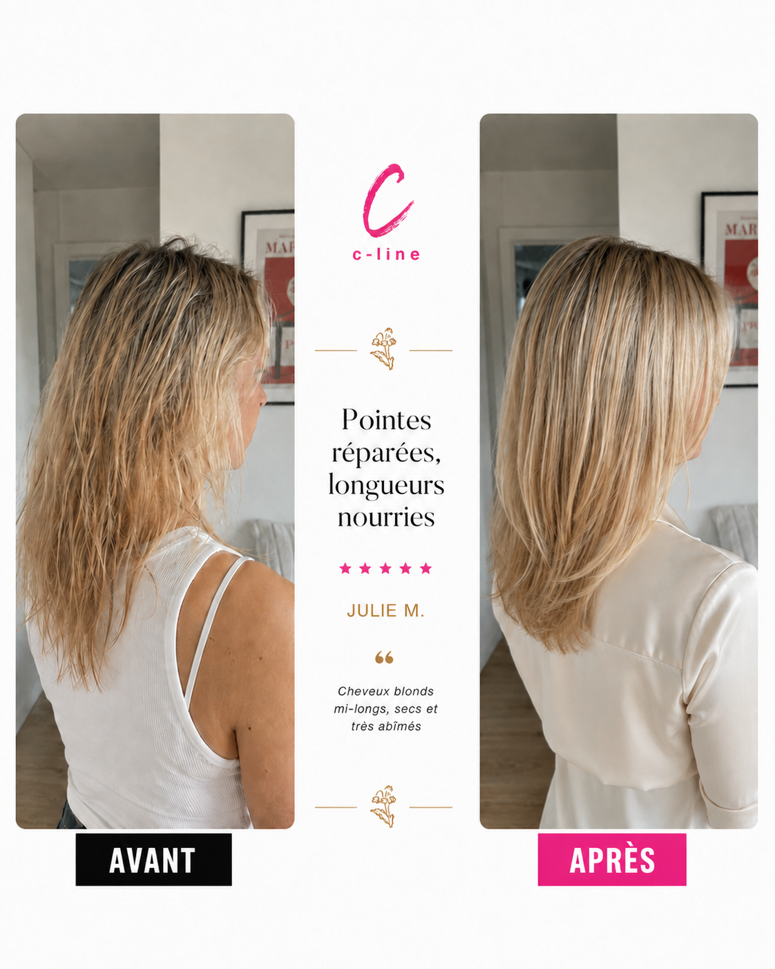 Routine Signature — avant/après longueurs blondes nourries · C-Line Beauty