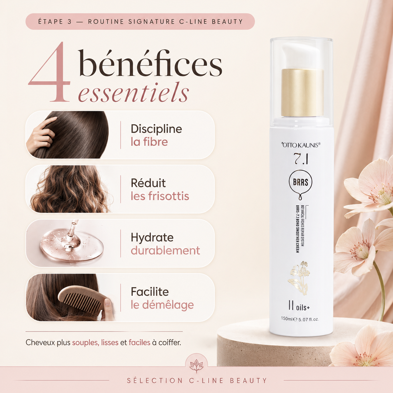Crème Lissante sans Rinçage — application sur cheveux · C-Line Beauty